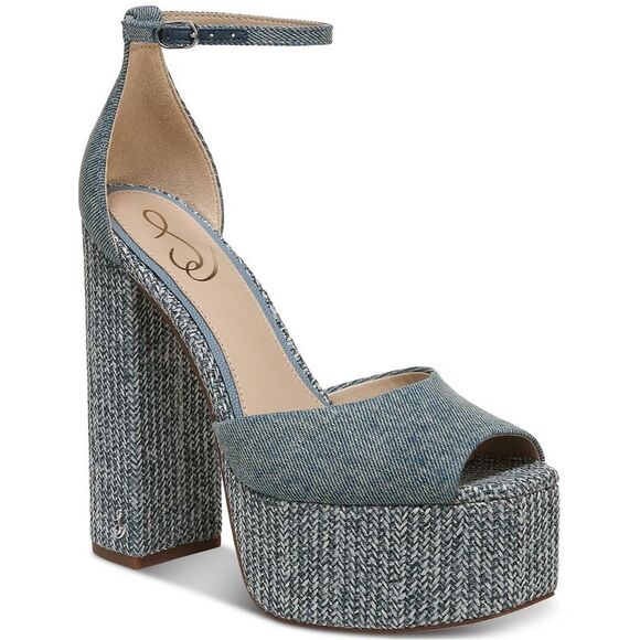 Sam Edelman Womens Kori Blue Denim Buckle Platform Heels Shoes NWT - Picture 1 of 11